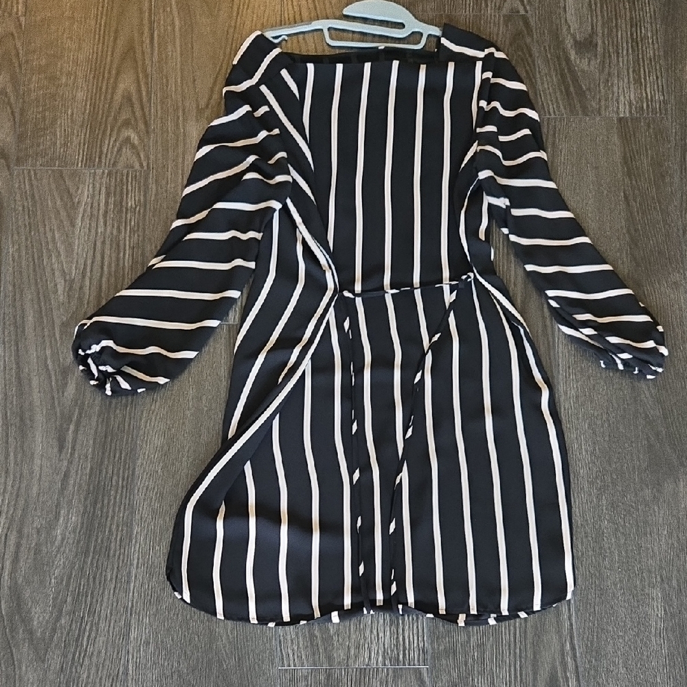 LOFT Black and Cream Striped Long Sleeve Dress